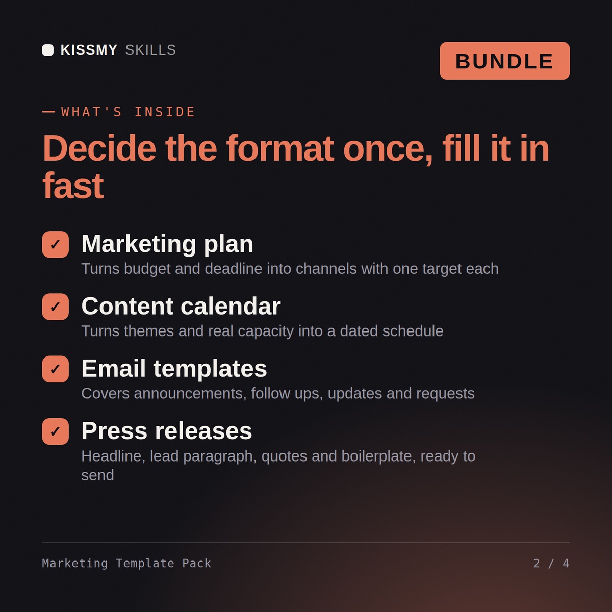 What's inside the Marketing Template Pack AI bundle: Marketing plan, Content calendar, Email templates, Press releases