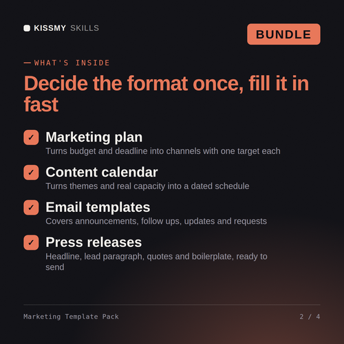 What's inside the Marketing Template Pack AI bundle: Marketing plan, Content calendar, Email templates, Press releases