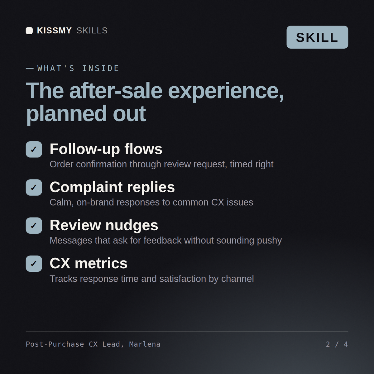What's inside the Post-Purchase CX Lead, Marlena AI skill: Follow-up flows, Complaint replies, Review nudges, CX metrics