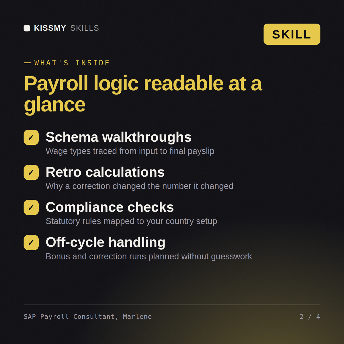 What's inside the SAP Payroll Consultant, Marlene AI skill: Schema walkthroughs, Retro calculations, Compliance checks, Off-cycle handling