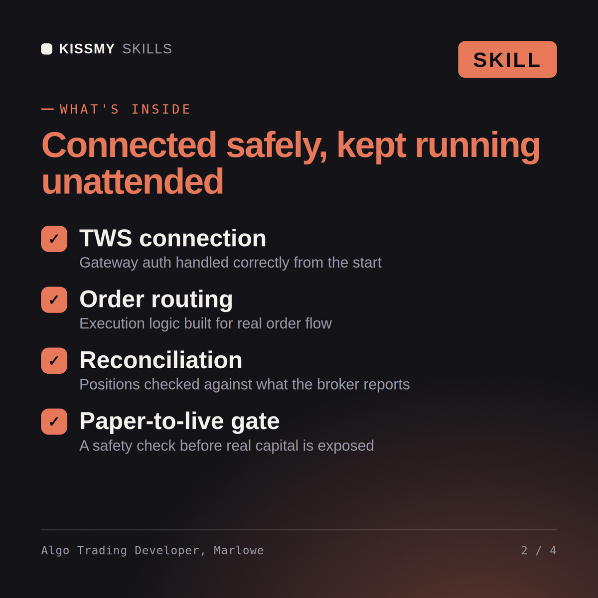 What's inside the Algo Trading Developer, Marlowe AI skill: TWS connection, Order routing, Reconciliation, Paper-to-live gate