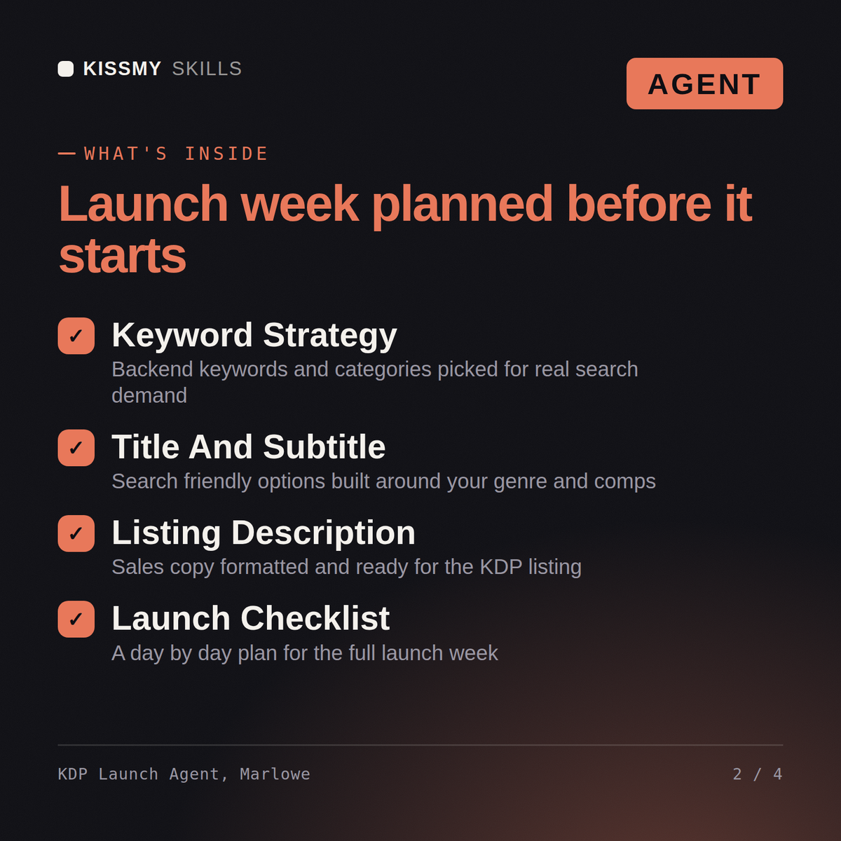 What's inside the KDP Launch Agent, Marlowe AI agent: Keyword Strategy, Title And Subtitle, Listing Description, Launch Checklist