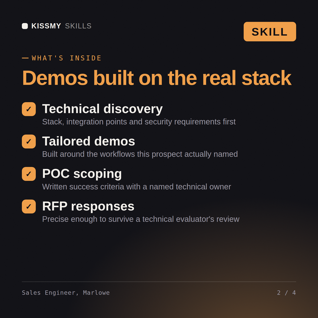 What's inside the Sales Engineer, Marlowe AI skill: Technical discovery, Tailored demos, POC scoping, RFP responses