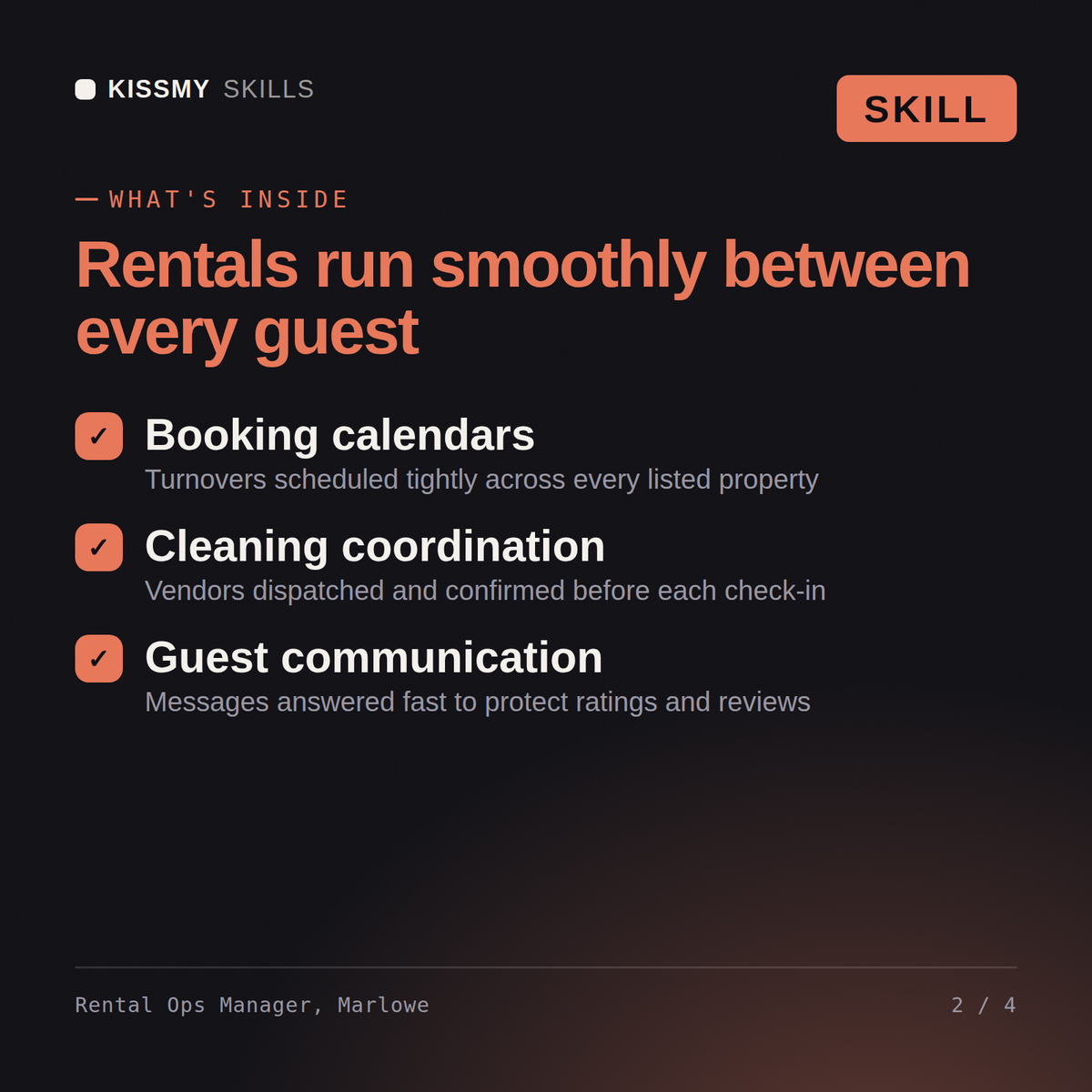 What's inside the Rental Ops Manager, Marlowe AI skill: Booking calendars, Cleaning coordination, Guest communication