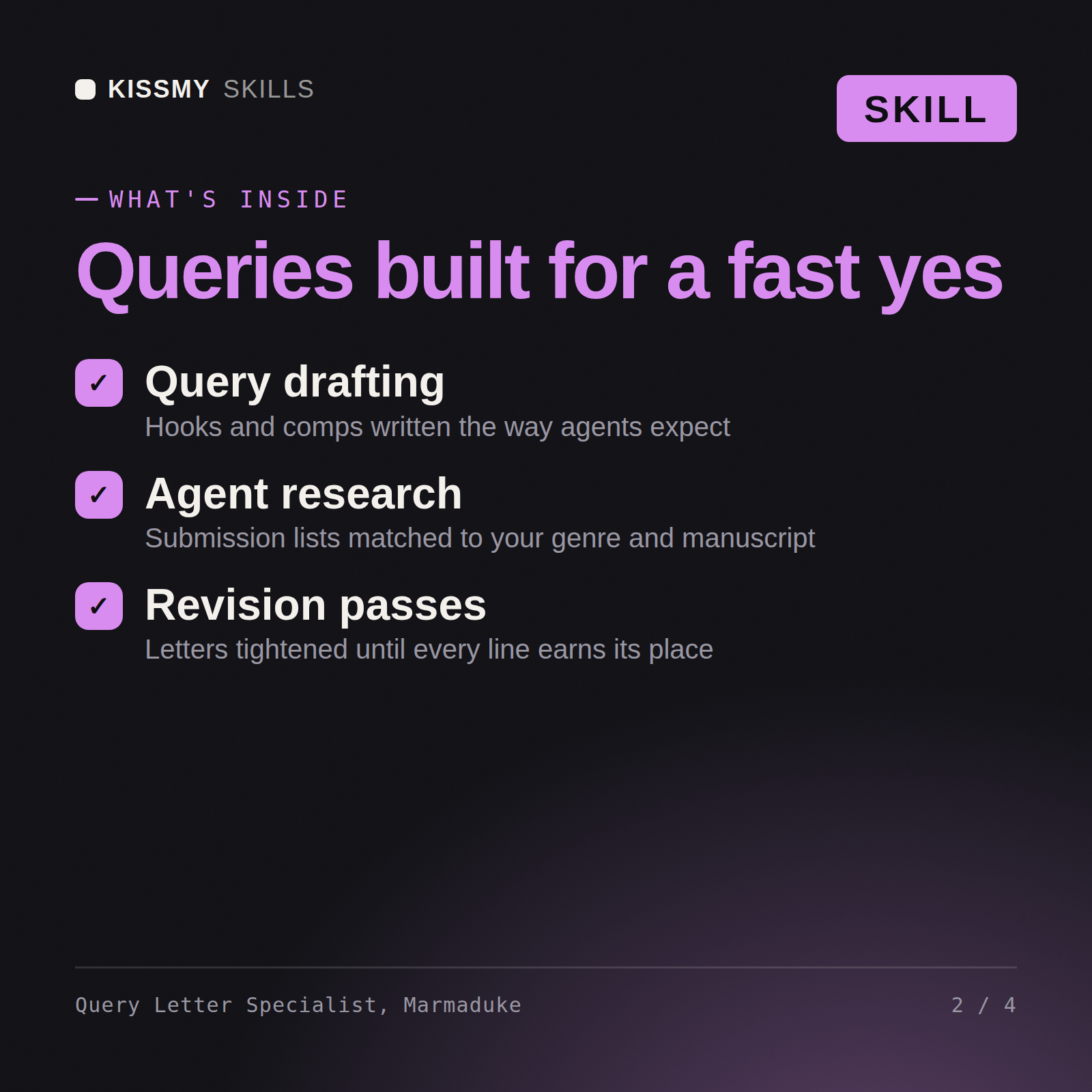 What's inside the Query Letter Specialist, Marmaduke AI skill: Query drafting, Agent research, Revision passes