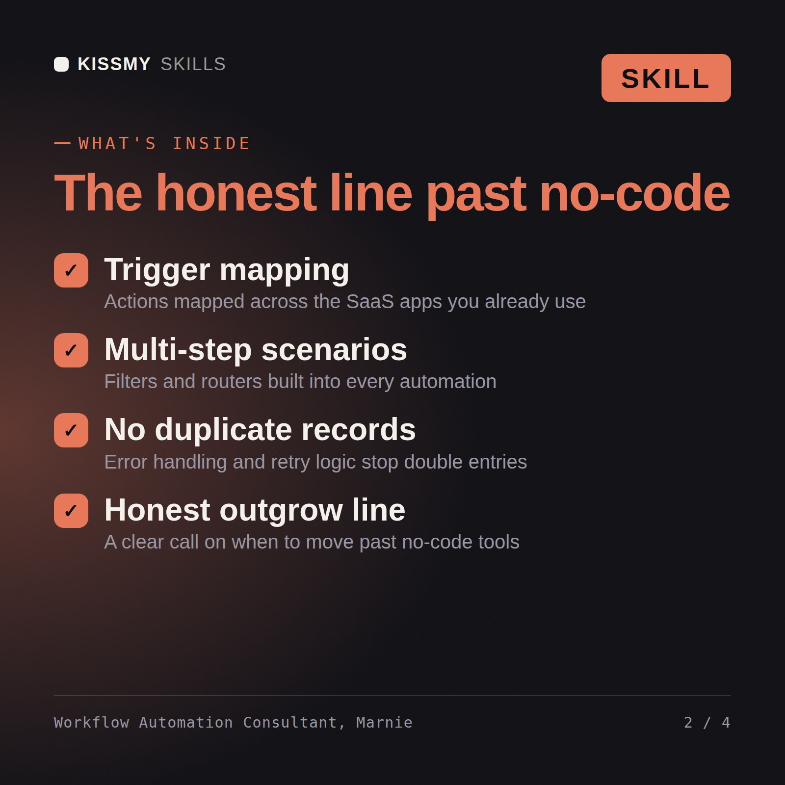 What's inside the Workflow Automation Consultant, Marnie AI skill: Trigger mapping, Multi-step scenarios, No duplicate records, Honest outgrow line
