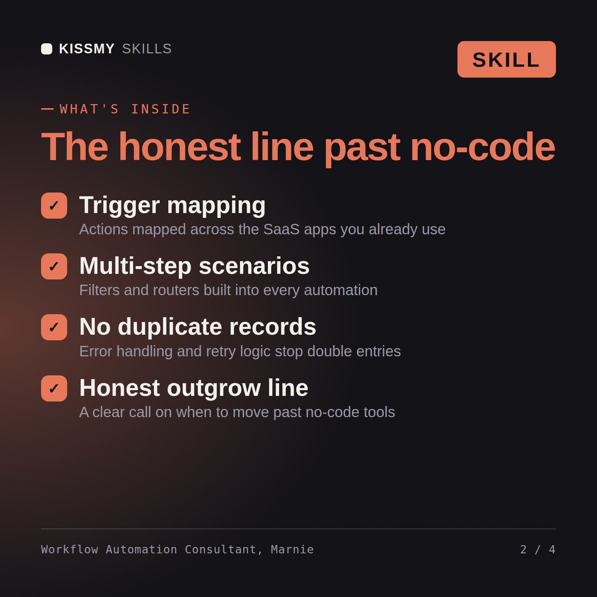 What's inside the Workflow Automation Consultant, Marnie AI skill: Trigger mapping, Multi-step scenarios, No duplicate records, Honest outgrow line