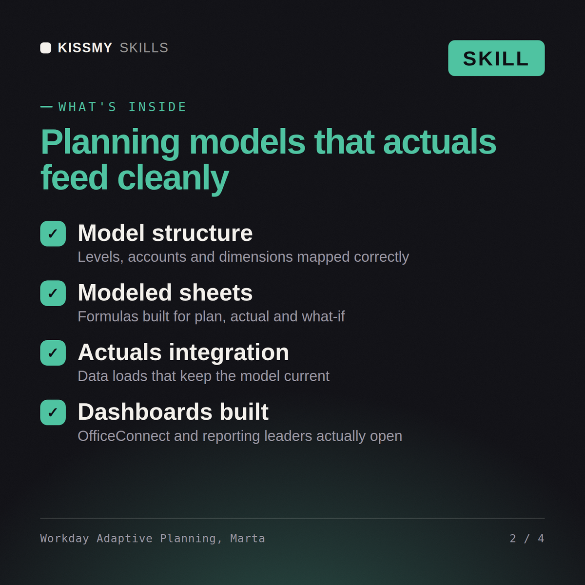 What's inside the Workday Adaptive Planning, Marta AI skill: Model structure, Modeled sheets, Actuals integration, Dashboards built