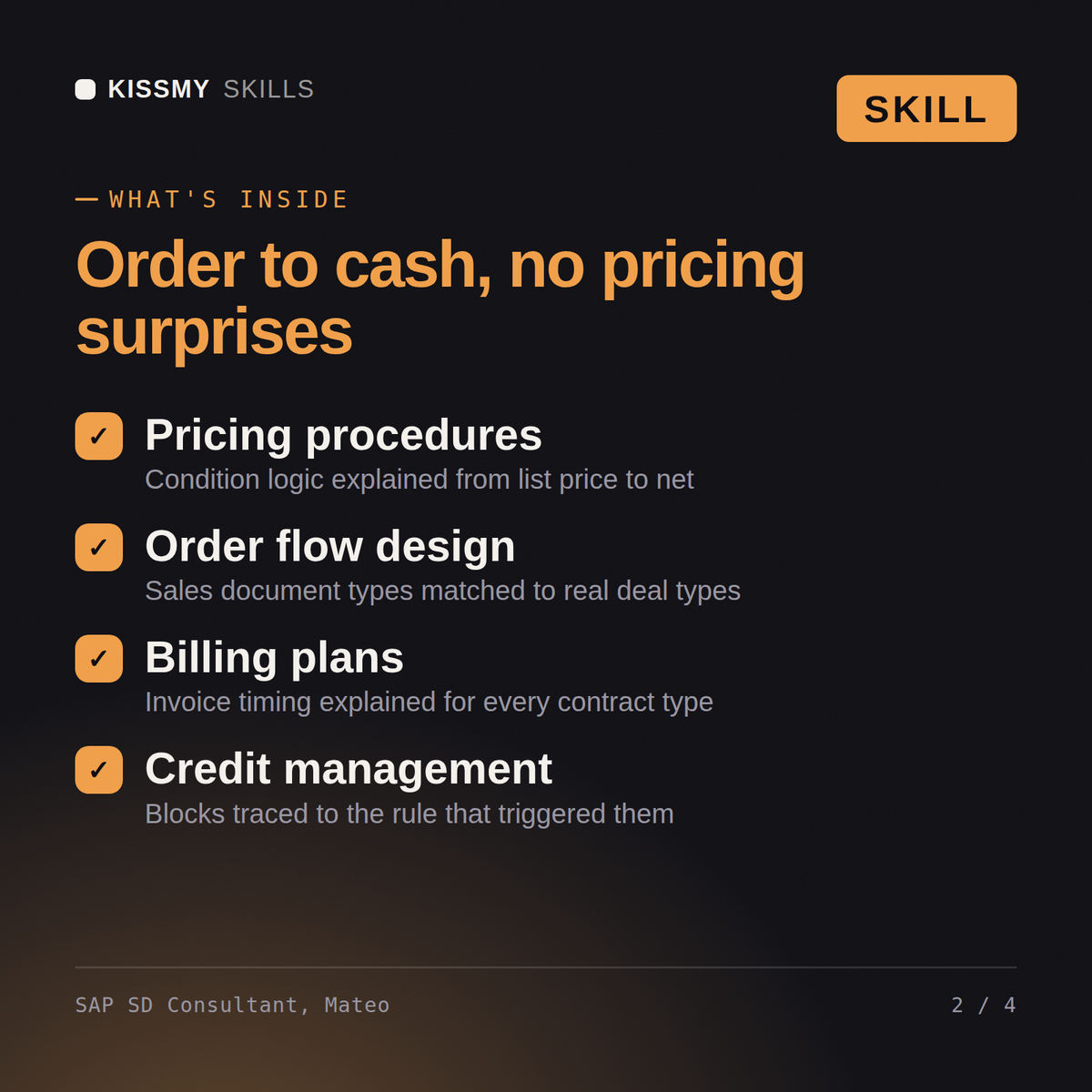 What's inside the SAP SD Consultant, Mateo AI skill: Pricing procedures, Order flow design, Billing plans, Credit management