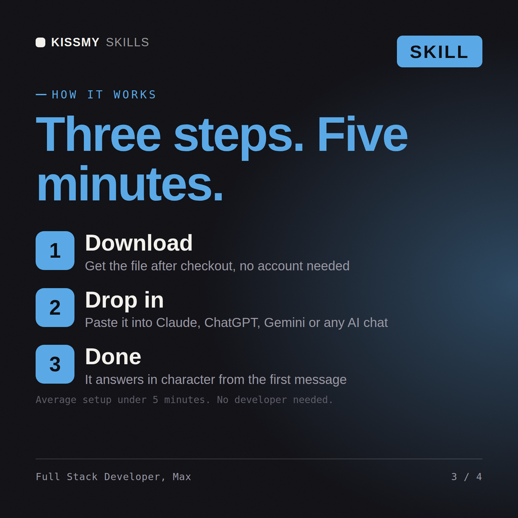 How the Full Stack Developer, Max AI skill works in three steps: download, drop it into your AI chat, done
