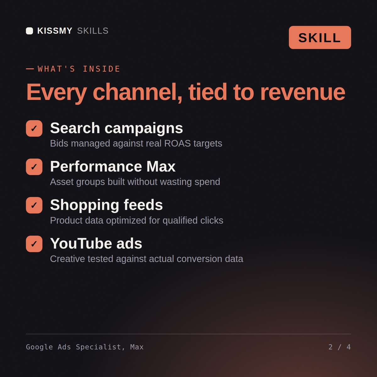 What's inside the Google Ads Specialist, Max AI skill: Search campaigns, Performance Max, Shopping feeds, YouTube ads