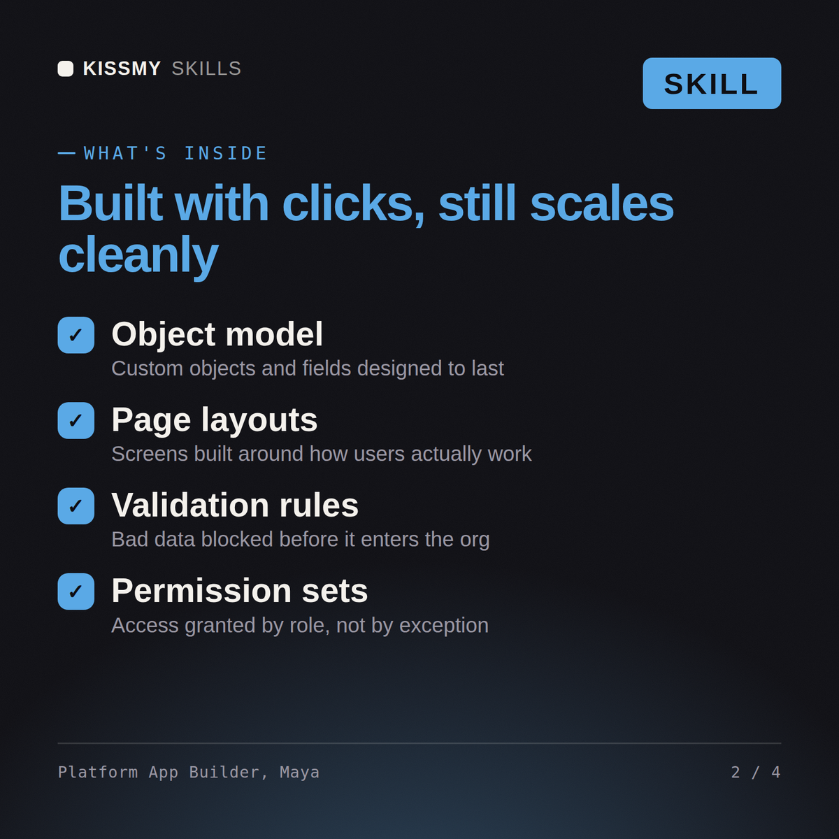 What's inside the Platform App Builder, Maya AI skill: Object model, Page layouts, Validation rules, Permission sets