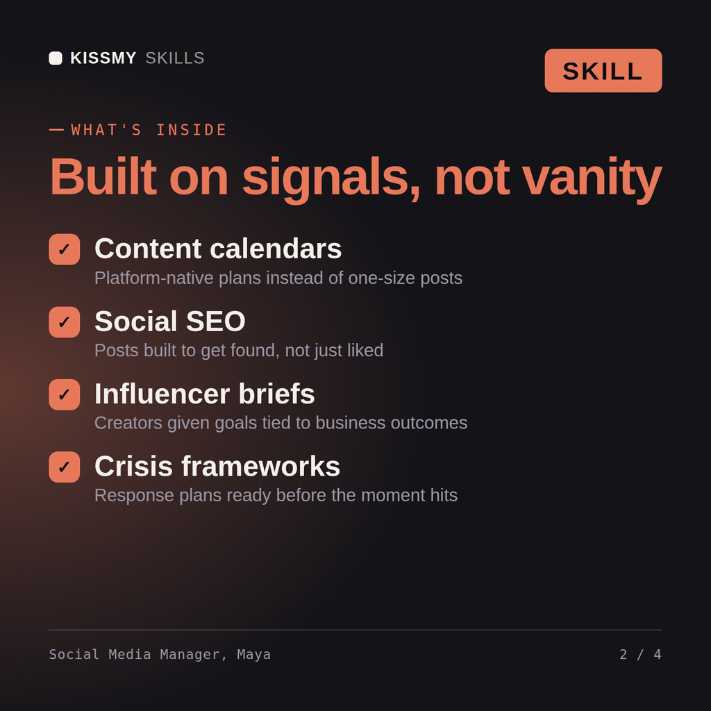 What's inside the Social Media Manager, Maya AI skill: Content calendars, Social SEO, Influencer briefs, Crisis frameworks