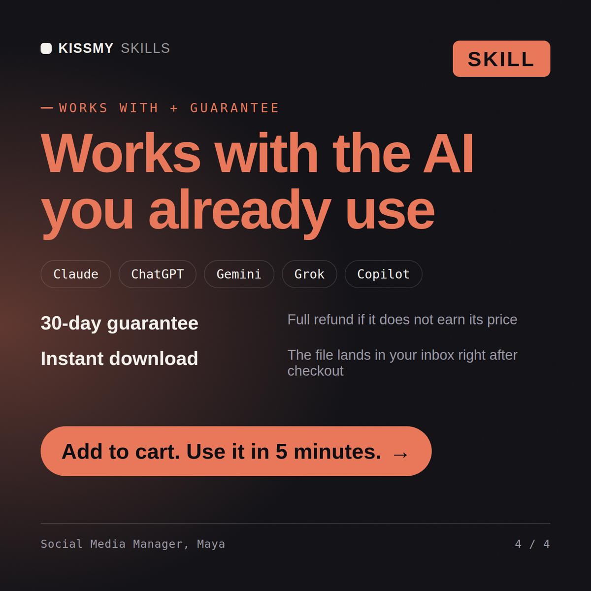 The Social Media Manager, Maya AI skill works with Claude, ChatGPT, Gemini and any AI chat, 30-day money-back guarantee