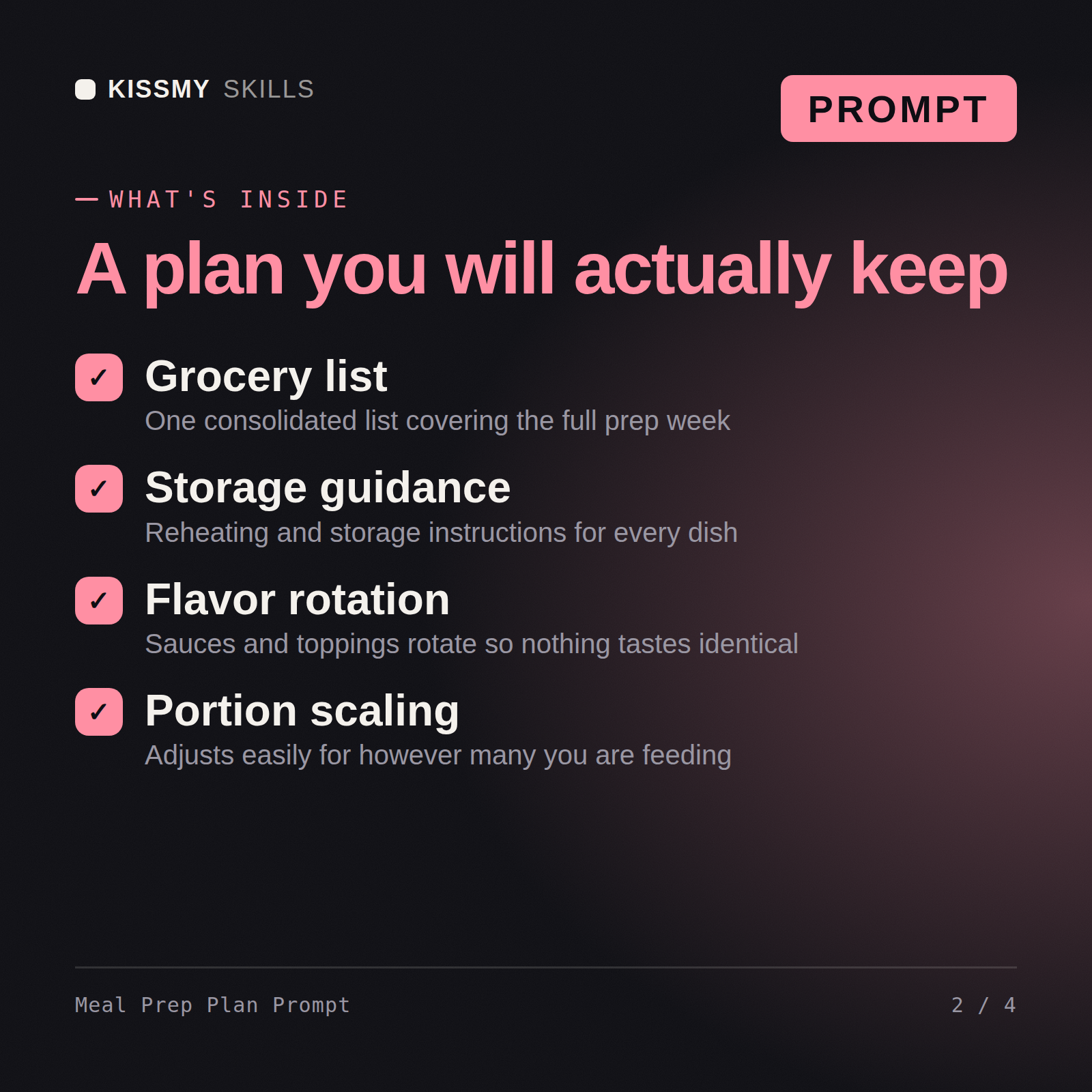 What's inside the Meal Prep Plan Prompt AI prompt: Grocery list, Storage guidance, Flavor rotation, Portion scaling