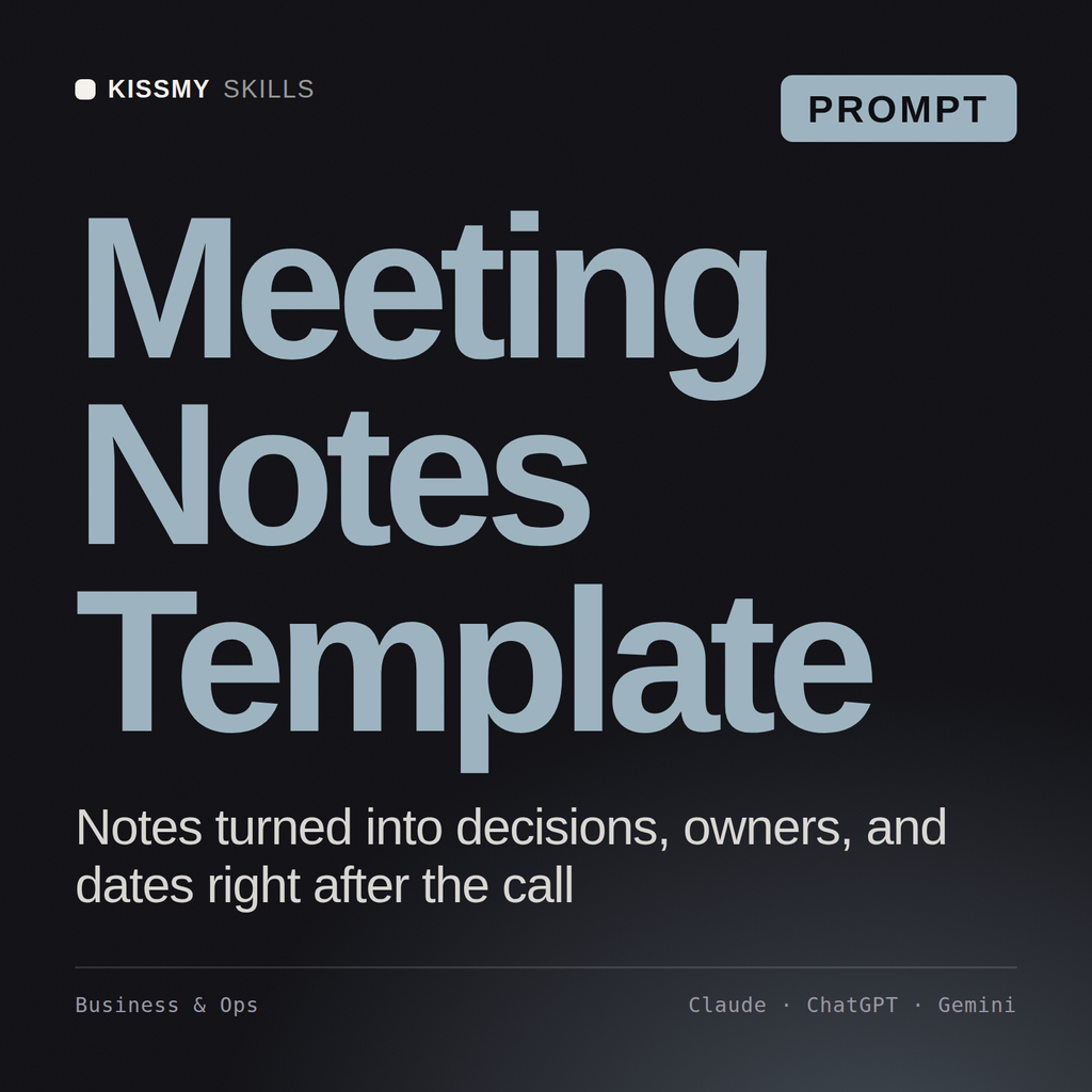 Meeting Notes Template AI prompt by KissMySkills, cover