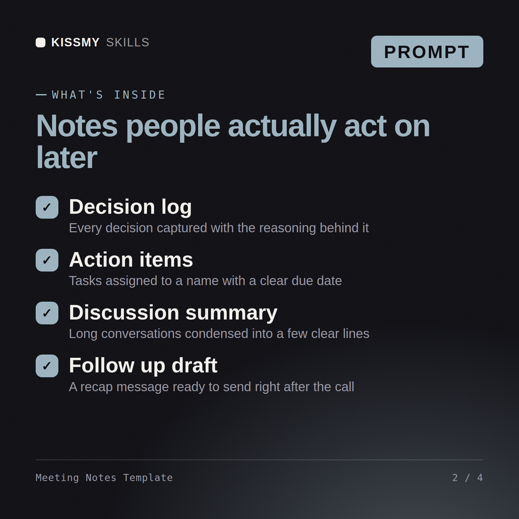 What's inside the Meeting Notes Template AI prompt: Decision log, Action items, Discussion summary, Follow up draft