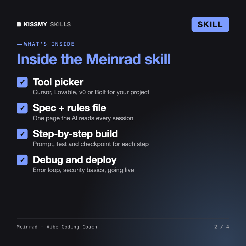 What's inside the Meinrad - Vibe Coding Coach AI skill: Tool picker, Spec + rules file, Step-by-step build, Debug and deploy