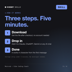 How the Meinrad - Vibe Coding Coach AI skill works in three steps: download, drop it into your AI chat, done