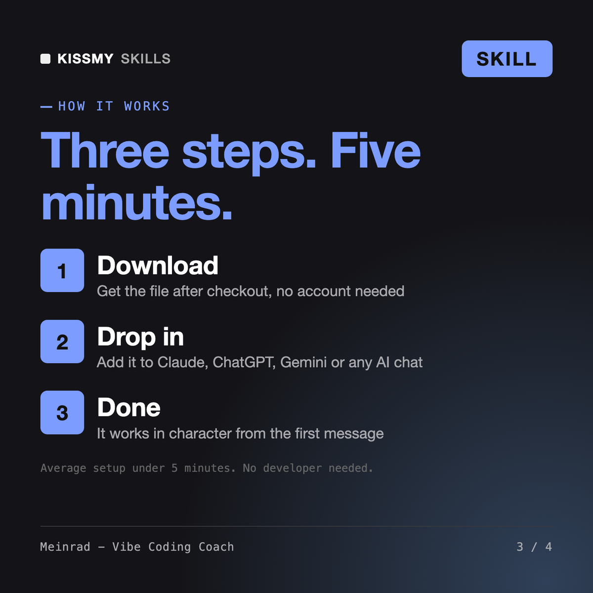 How the Meinrad - Vibe Coding Coach AI skill works in three steps: download, drop it into your AI chat, done