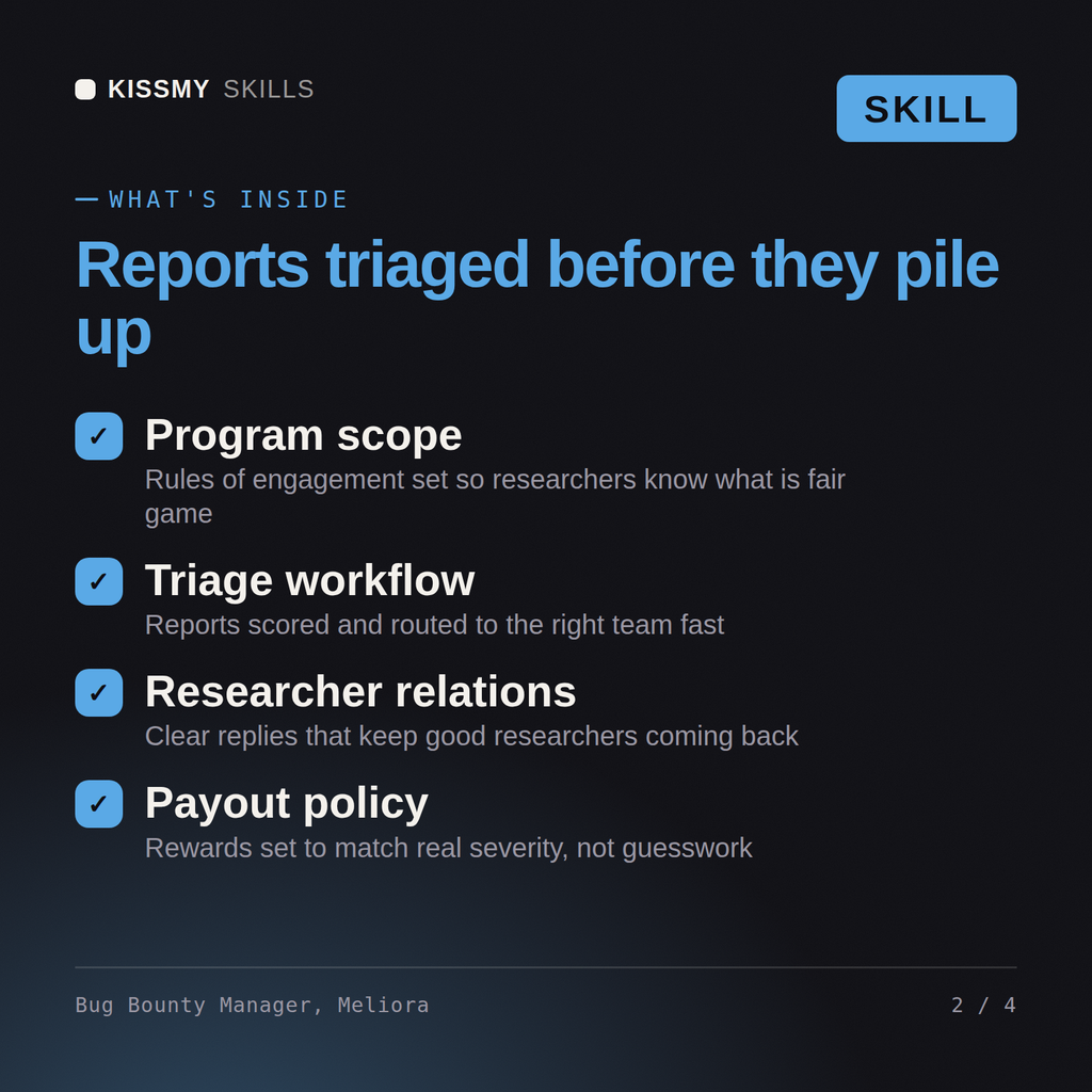 What's inside the Bug Bounty Manager, Meliora AI skill: Program scope, Triage workflow, Researcher relations, Payout policy