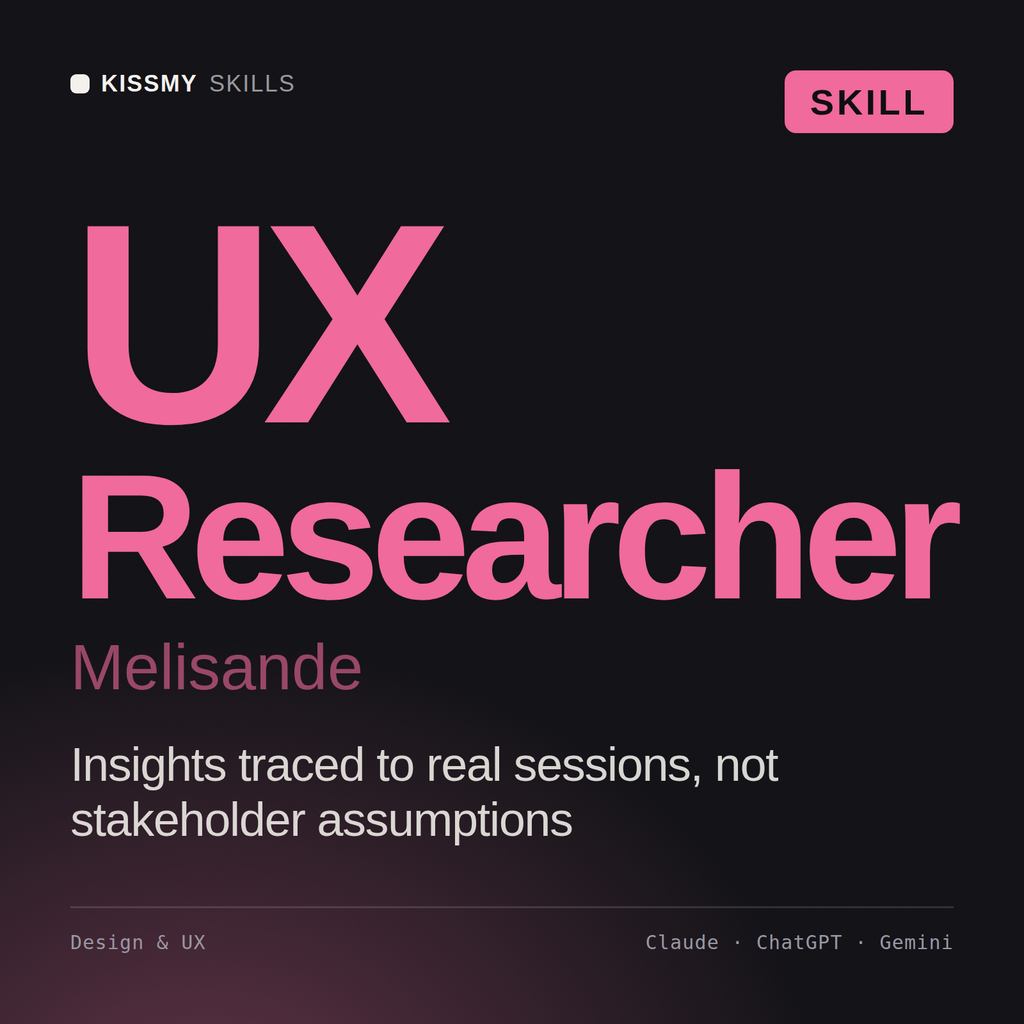 UX Researcher, Melisande AI skill by KissMySkills, cover