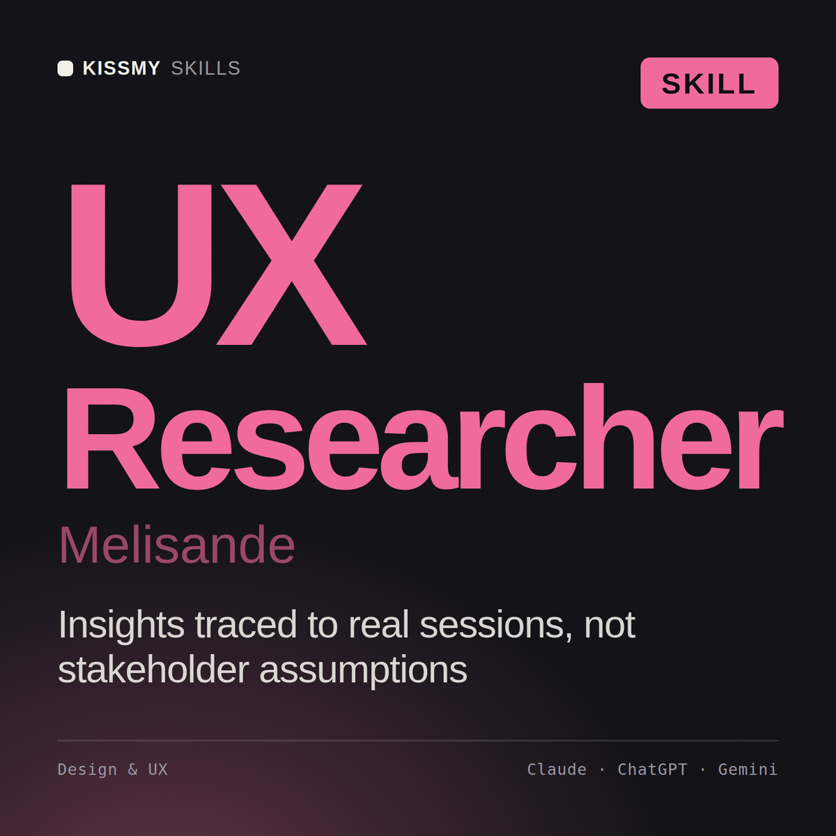 UX Researcher, Melisande AI skill by KissMySkills, cover