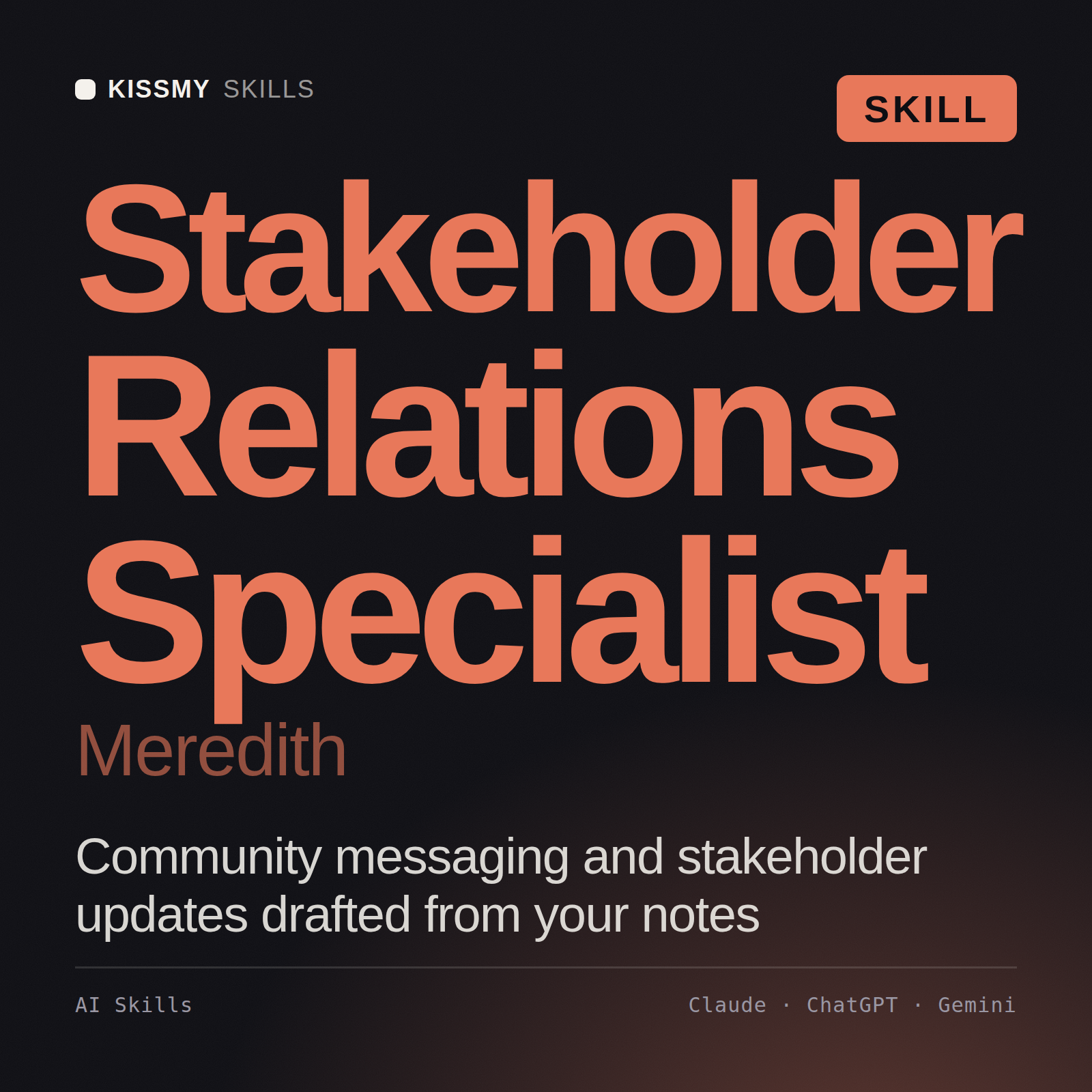 Stakeholder Relations Specialist, Meredith AI skill by KissMySkills, cover