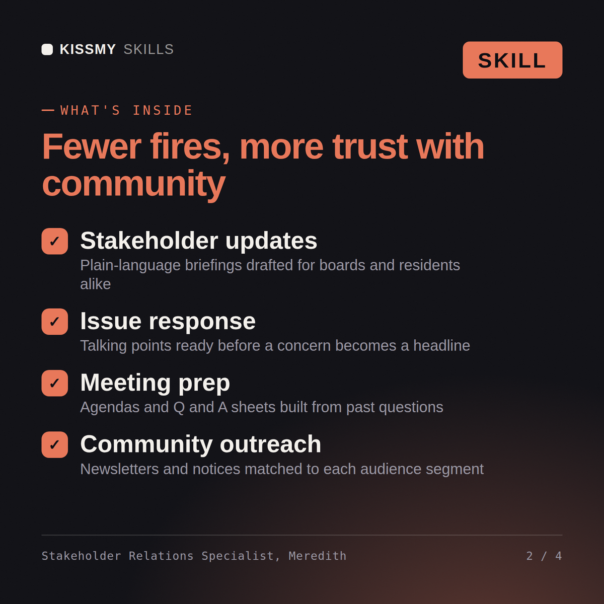 What's inside the Stakeholder Relations Specialist, Meredith AI skill: Stakeholder updates, Issue response, Meeting prep, Community outreach