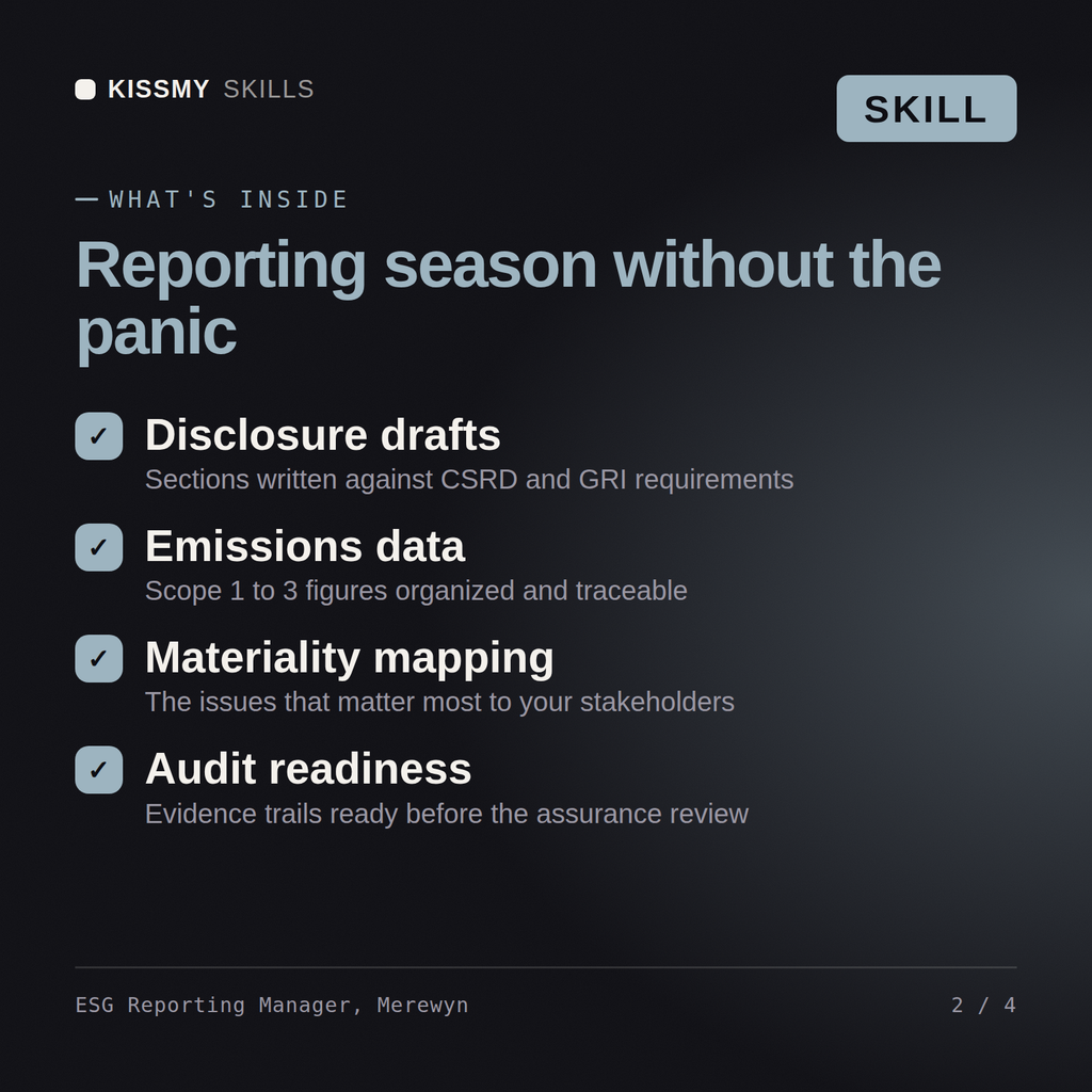 What's inside the ESG Reporting Manager, Merewyn AI skill: Disclosure drafts, Emissions data, Materiality mapping, Audit readiness