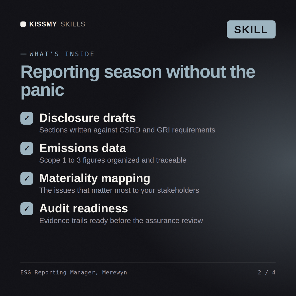 What's inside the ESG Reporting Manager, Merewyn AI skill: Disclosure drafts, Emissions data, Materiality mapping, Audit readiness
