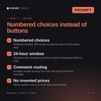 What's inside the Messenger Chatbot Prompt AI prompt: Numbered choices, 24-hour window, Comment routing, No invented prices