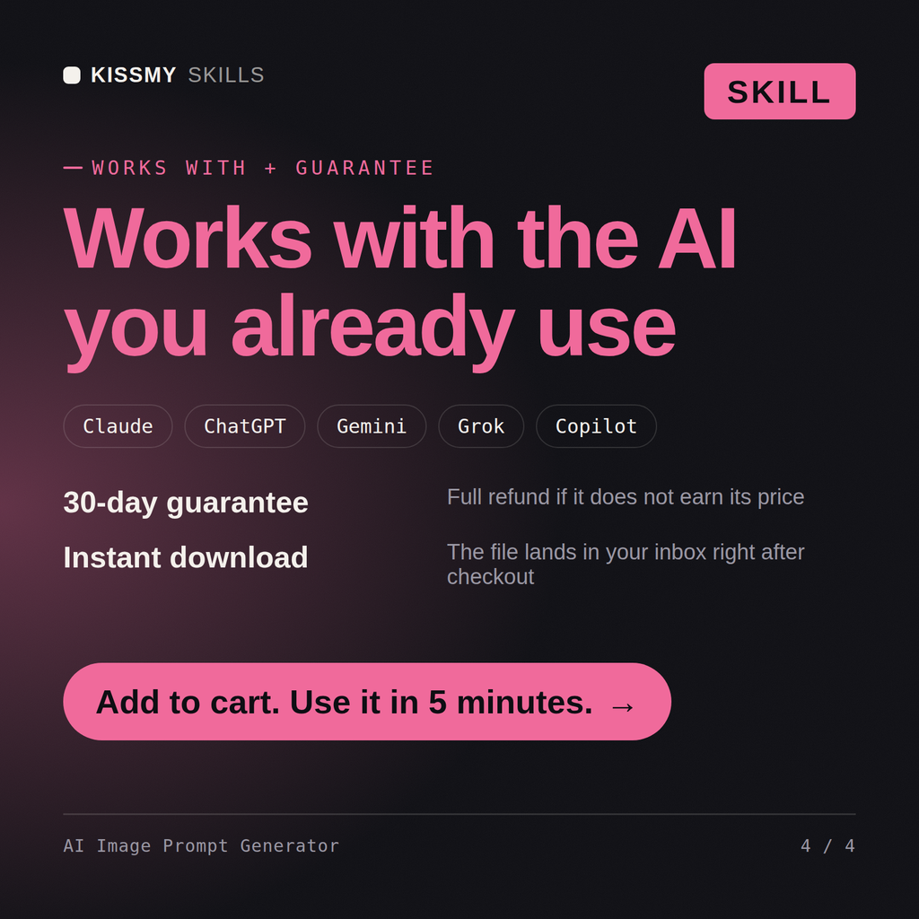 The AI Image Prompt Generator AI skill works with Claude, ChatGPT, Gemini and any AI chat, 30-day money-back guarantee