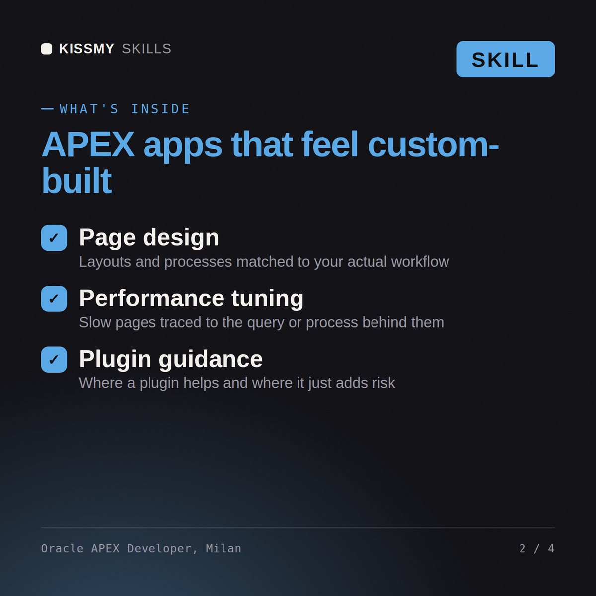 What's inside the Oracle APEX Developer, Milan AI skill: Page design, Performance tuning, Plugin guidance