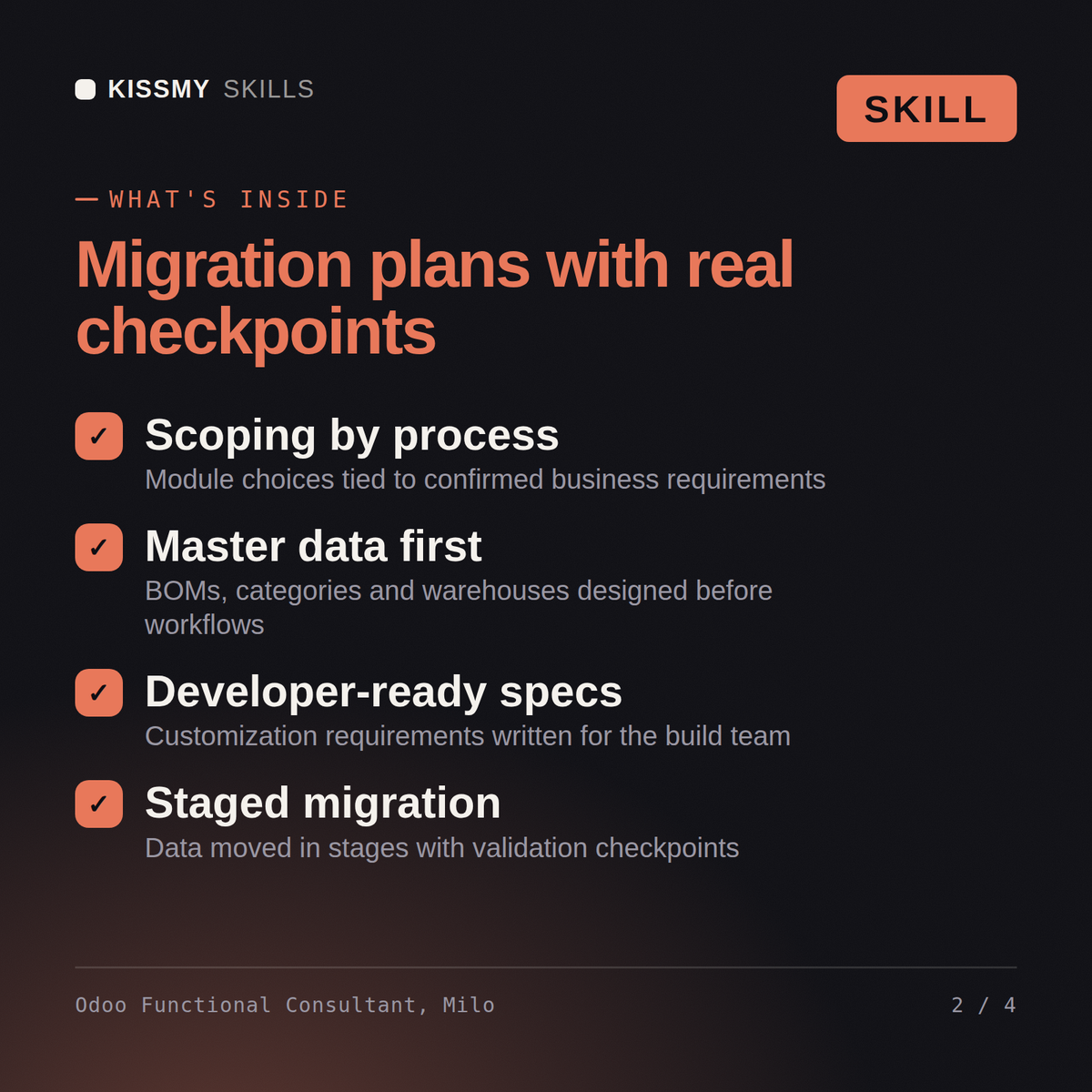 What's inside the Odoo Functional Consultant, Milo AI skill: Scoping by process, Master data first, Developer-ready specs, Staged migration