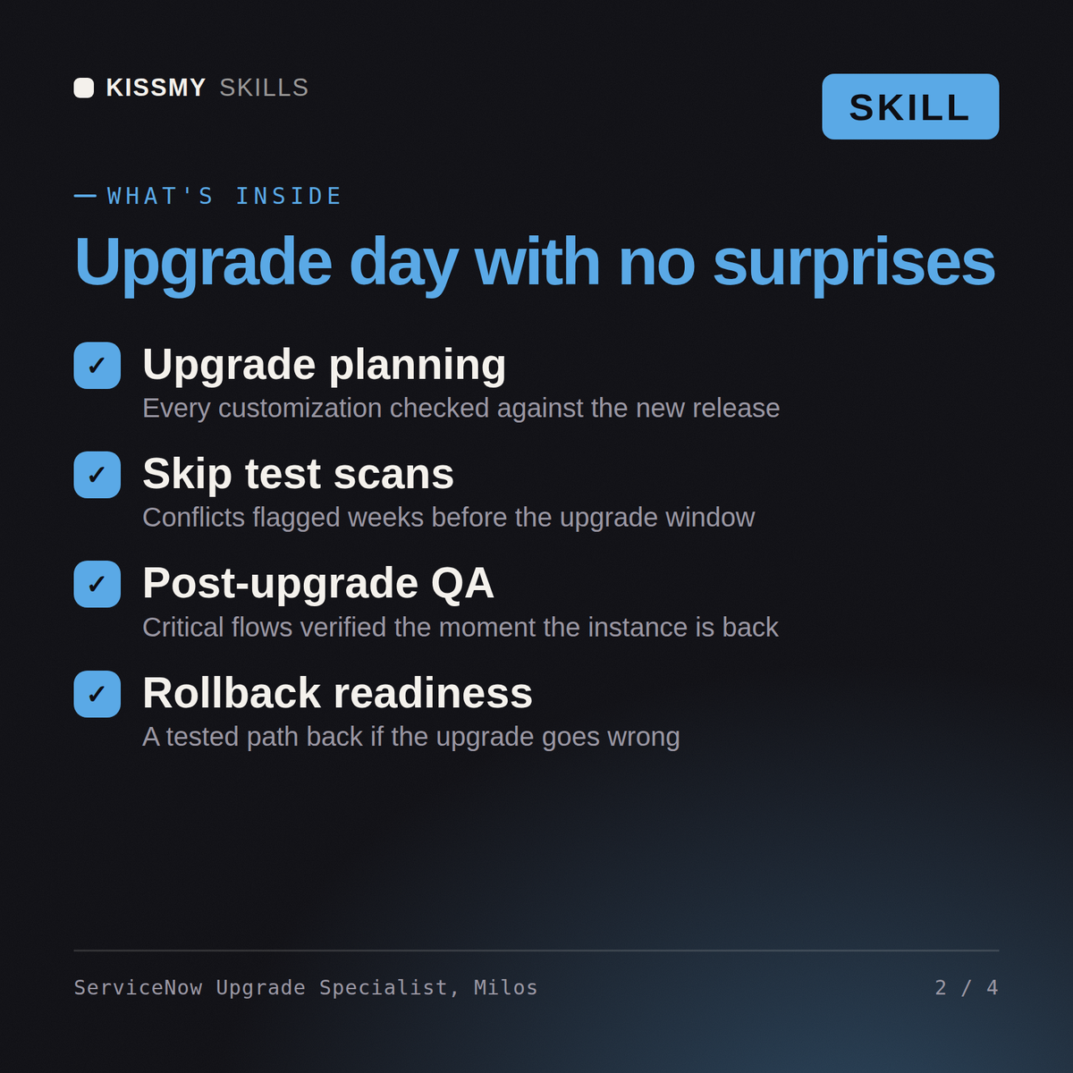 What's inside the ServiceNow Upgrade Specialist, Milos AI skill: Upgrade planning, Skip test scans, Post-upgrade QA, Rollback readiness
