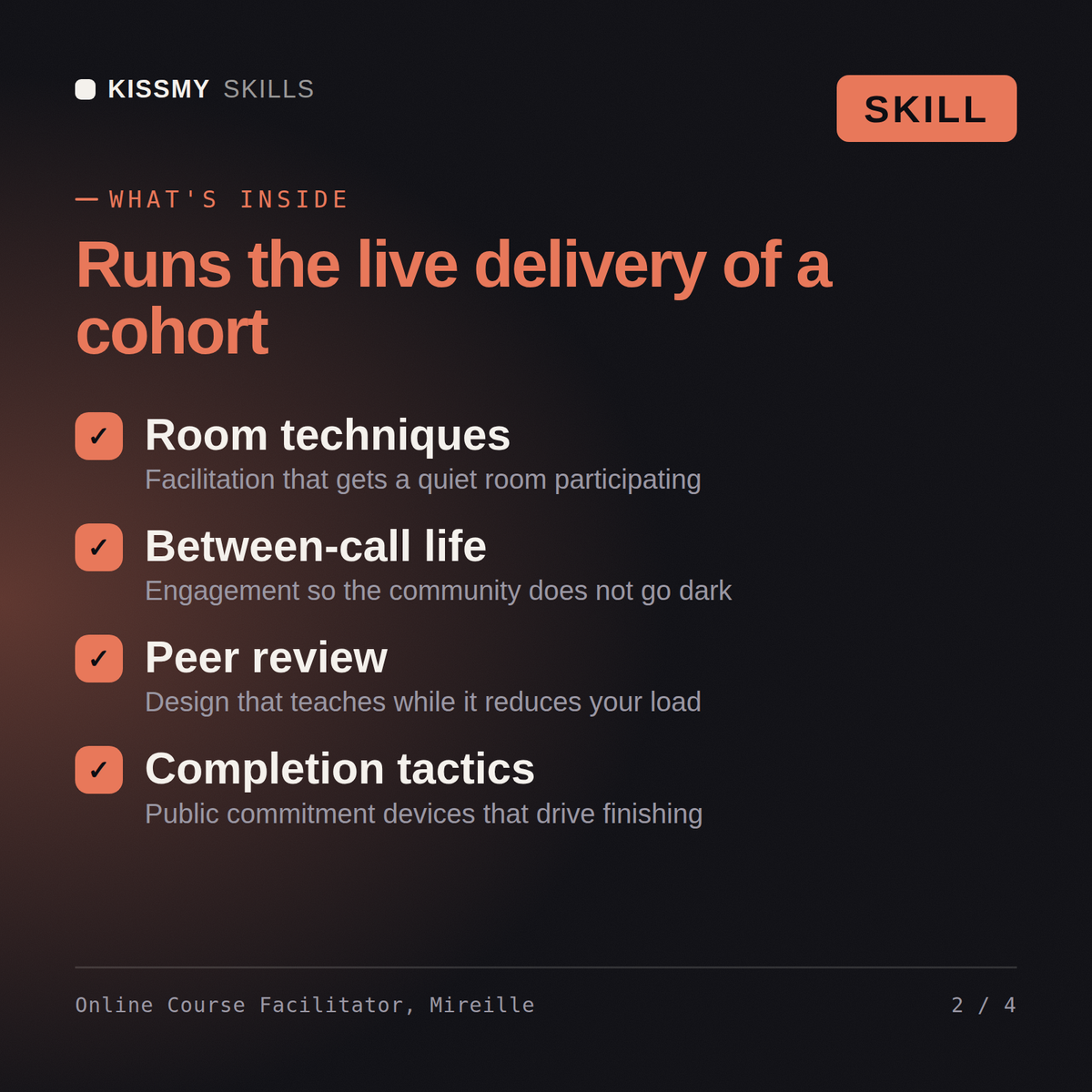 What's inside the Online Course Facilitator, Mireille AI skill: Room techniques, Between-call life, Peer review, Completion tactics