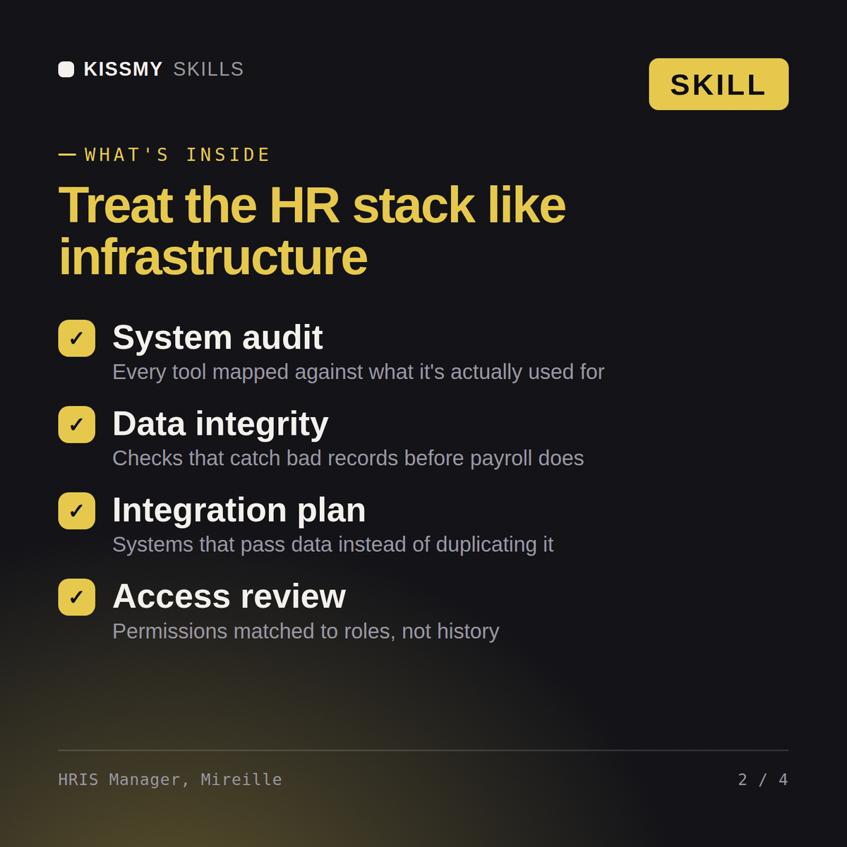 What's inside the HRIS Manager, Mireille AI skill: System audit, Data integrity, Integration plan, Access review