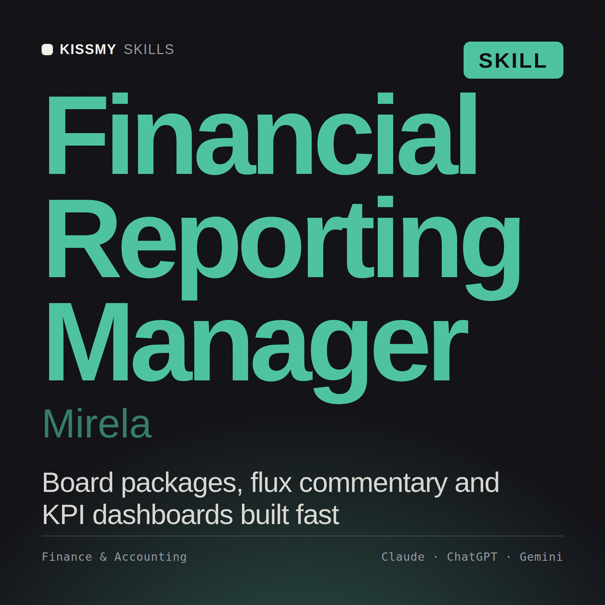 Financial Reporting Manager, Mirela AI skill by KissMySkills, cover