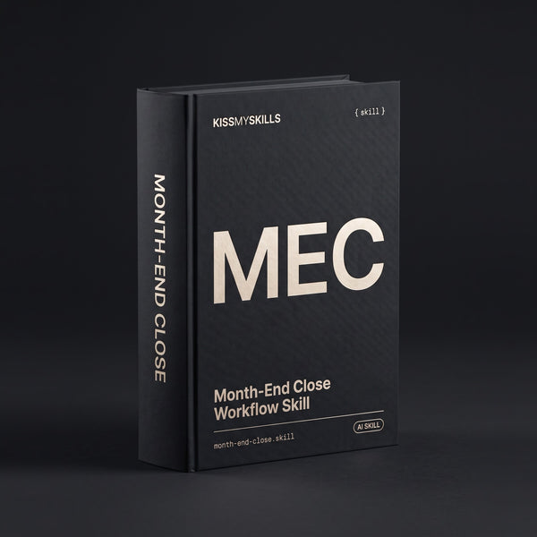 Month-End Close Claude skill by KissMySkills, deep graphite-black bookcloth cover with the monogram MEC