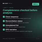 What's inside the Month-End Close Workflow AI skill: Close sequence, Reconciliation status, Unexplained list, CFO narrative