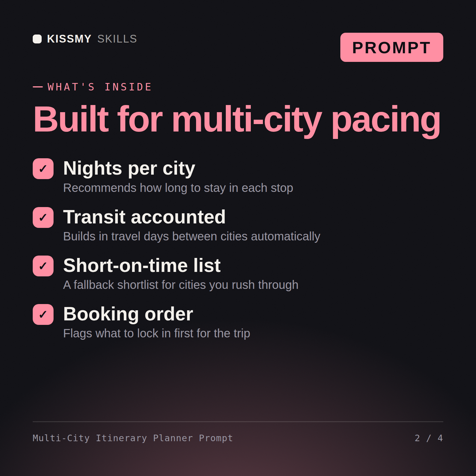What's inside the Multi-City Itinerary Planner Prompt AI prompt: Nights per city, Transit accounted, Short-on-time list, Booking order
