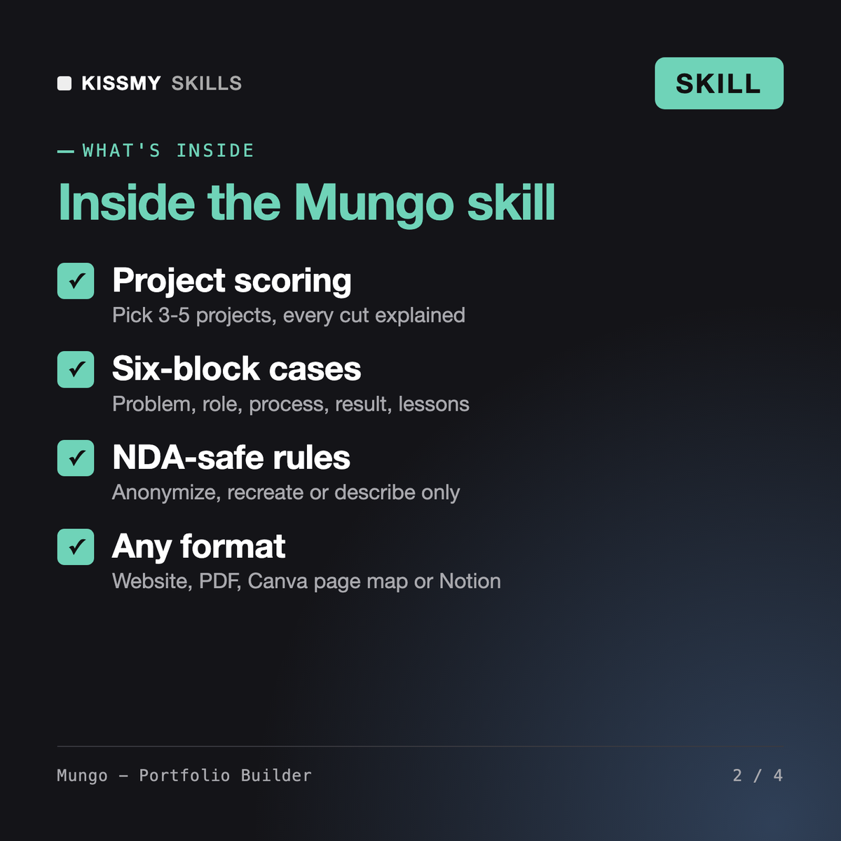 What's inside the Mungo - Portfolio Builder AI skill: Project scoring, Six-block cases, NDA-safe rules, Any format
