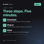 How the Mungo - Portfolio Builder AI skill works in three steps: download, drop it into your AI chat, done