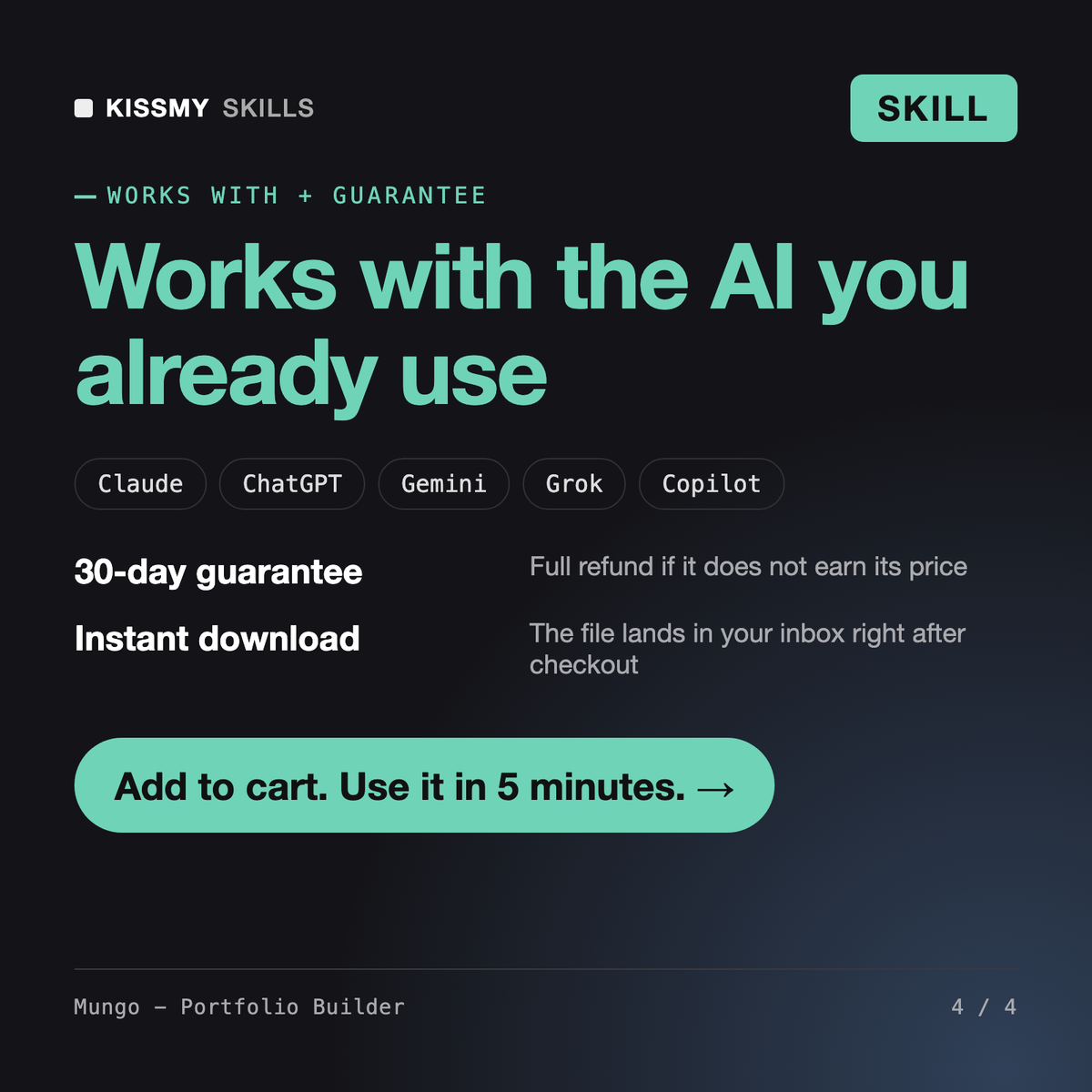 The Mungo - Portfolio Builder AI skill works with Claude, ChatGPT, Gemini and any AI chat, 30-day money-back guarantee