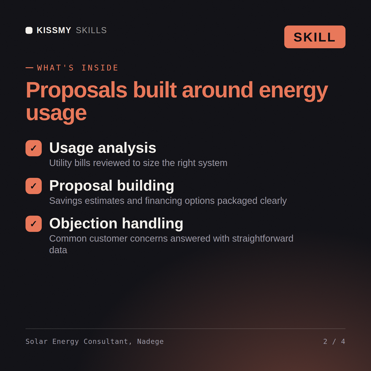 What's inside the Solar Energy Consultant, Nadege AI skill: Usage analysis, Proposal building, Objection handling