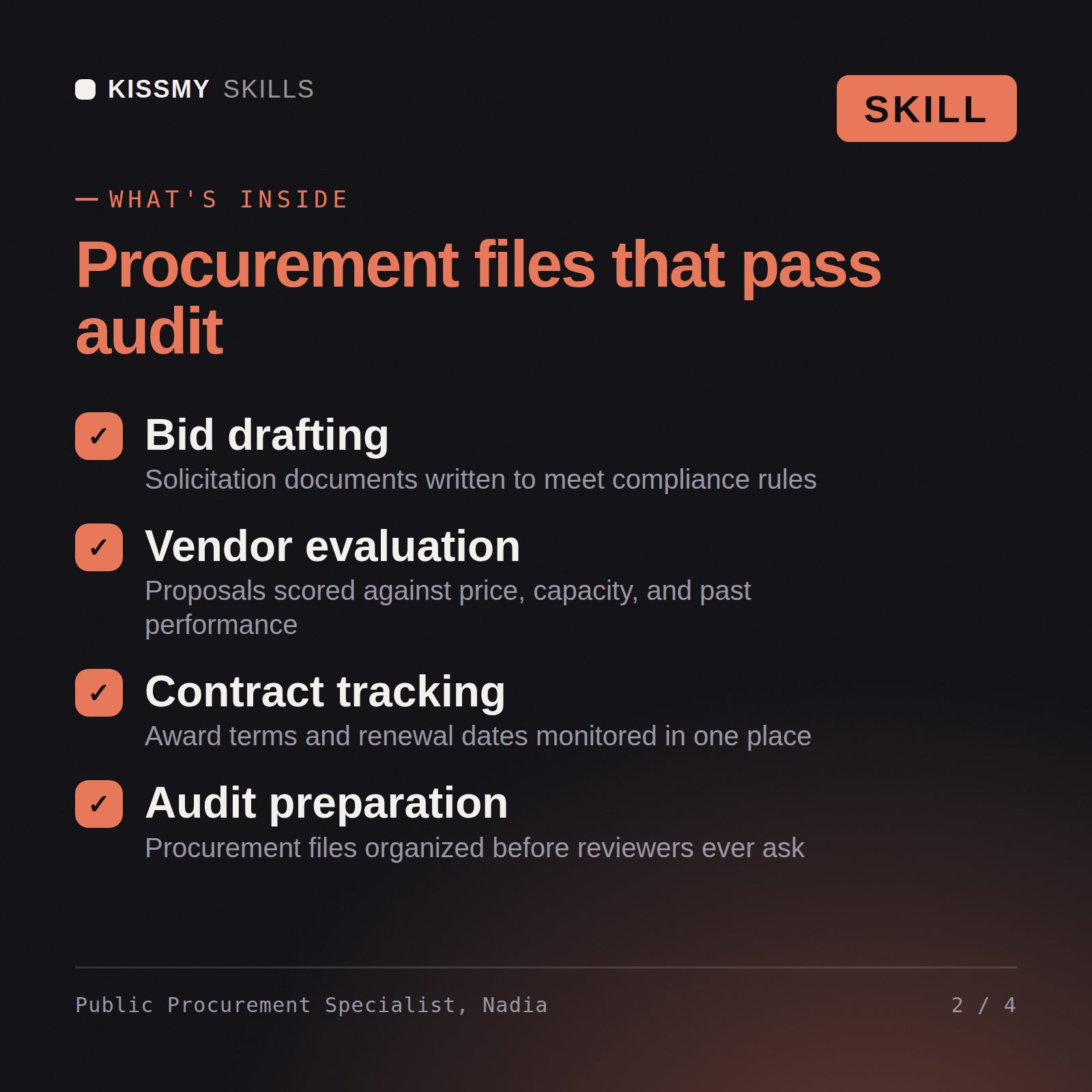 What's inside the Public Procurement Specialist, Nadia AI skill: Bid drafting, Vendor evaluation, Contract tracking, Audit preparation