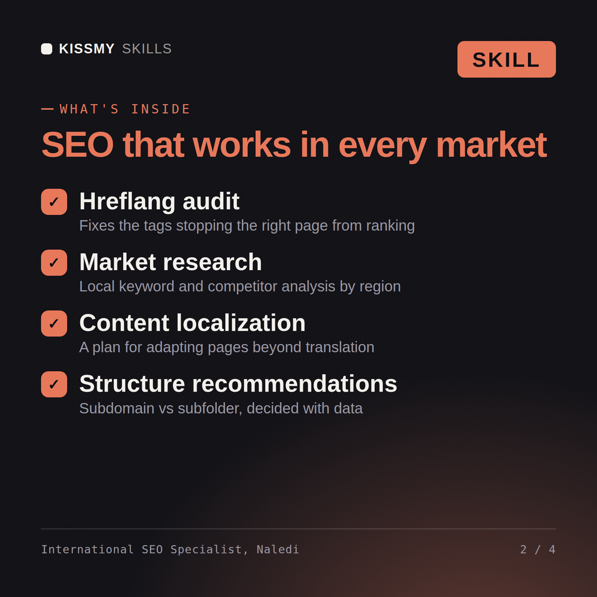 What's inside the International SEO Specialist, Naledi AI skill: Hreflang audit, Market research, Content localization, Structure recommendations