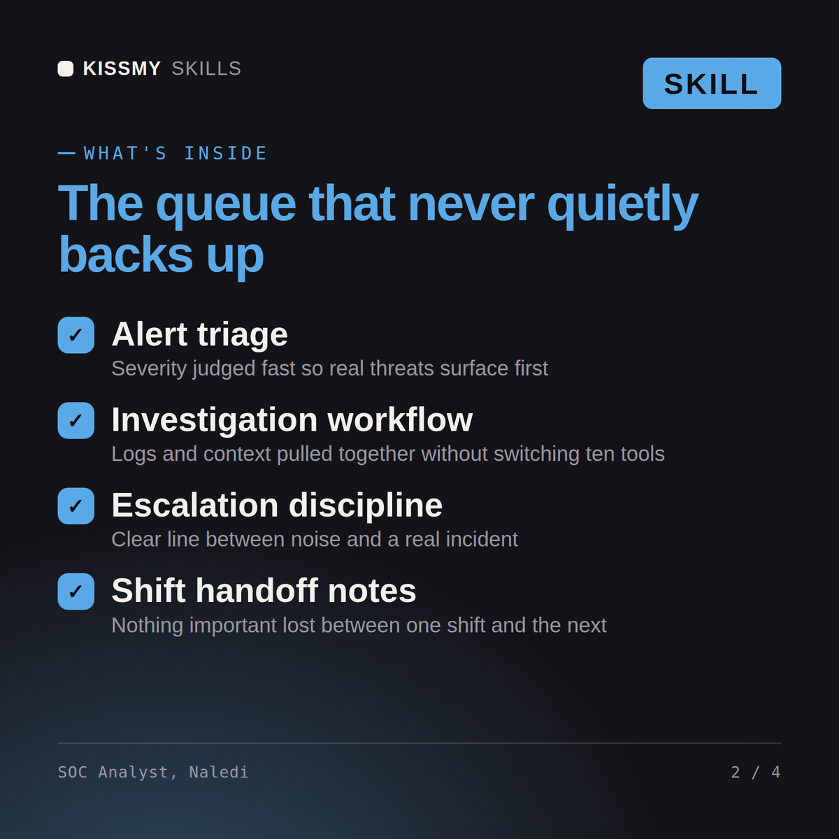 What's inside the SOC Analyst, Naledi AI skill: Alert triage, Investigation workflow, Escalation discipline, Shift handoff notes
