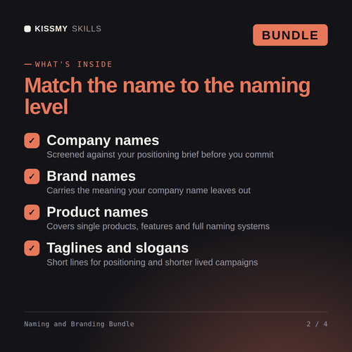 What's inside the Naming and Branding Bundle AI bundle: Company names, Brand names, Product names, Taglines and slogans